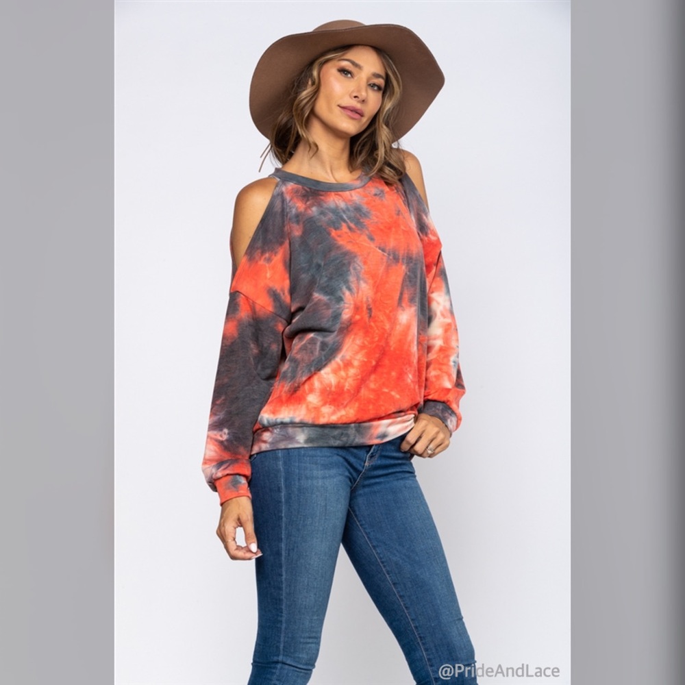 LAST 1️⃣ CORAL TIE DYE COLD SHOULDER TOP